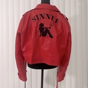 CURRENT MOOD Sinner Crop Faux Leather Jacket Zip Up Belted Red Black Size 2X